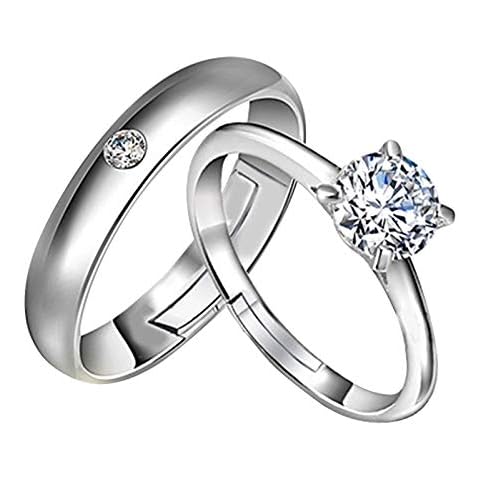 Fashion Couple Pair Ring, Silver Plated Cubi Zirconia Adjustable Wedding Engagement Couple Ring Set Cover