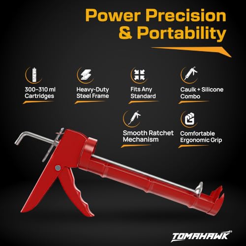 Image of TOMAHAWK TCGS-1A Heavy Duty Caulking Gun & Sealant Combo | 6:1 Thrust Ratio | 1000N Pushing Power | Ratchet Pushing Rod | Professional Sealant Applicator for Silicone, Adhesives & Construction Use
