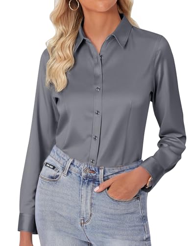 siliteelon Bluse Damen Langarm Bügelleichtes Damenbluse Button-Down Shirts Grau Regular Fit Baumwolle Tops Bluse,M