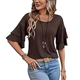 Womens Crew Neck Sleeve Tops Double Ruffle Short T-Shirt Dressy Casual Blouses Spring Summer Fall Loose Fit Tunic Tee Half Bell Trendy Shirts Business Vacation Fashion Clothes Coffee Brown L