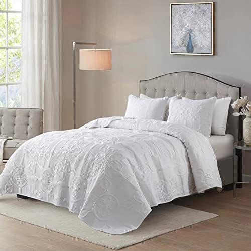 White Damask Quilt California Cal King Size Bedding Sets with 2 Pillow Shams, Oversized Boho Bedspread Lightweight Soft Farmhouse Vintage Coverlet Jacquard Pattern Bed Cover for All Season, 3 Pieces