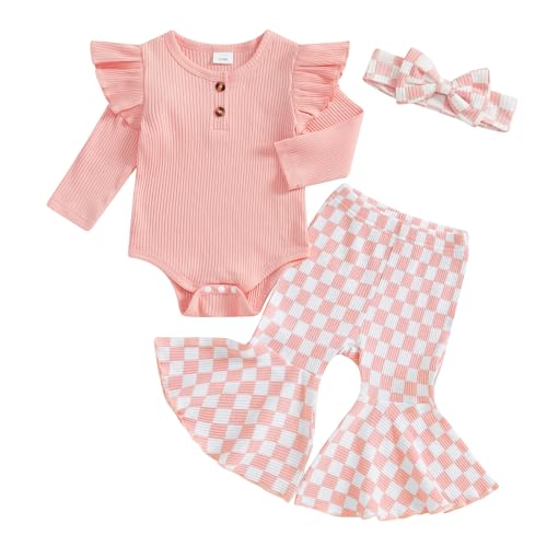 Image of MERSARIPHY Western Baby Girl Clothes Newborn Rib Knit Ruffle Romper Bodysuit Bell-Bottom Pant Set Infant Fall Winter Outfits