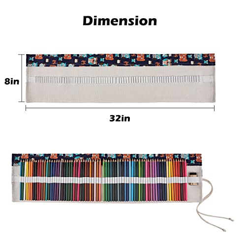 Image of Surblue Canvas Pencil Case Pencil Roll Wrap with 72 Slots Coloring Pencil Holder Organizer Paint Brush Storage Pouch Portable for Artist, Writer (Navy Owl