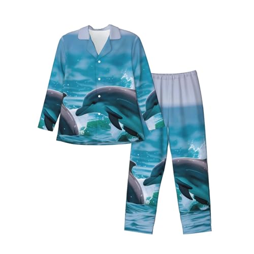 Pyjama long homme imprimé dauphins mer ensemble vêtement de nuit ultra doux