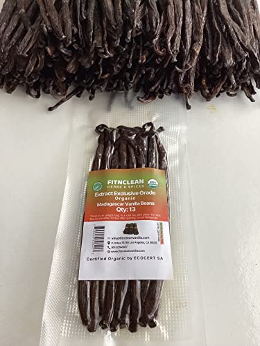 13 Madagascar Organic Vanilla Beans Extract Exclusive Grade B|4.5"- 5.5" by FITNCLEAN VANILLA| USDA Certified Organic. Dry Whole Natural Raw NON-GMO PODS