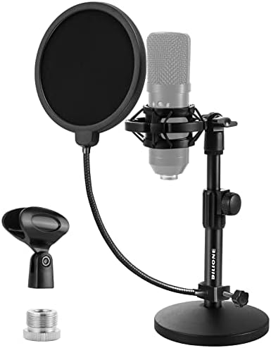 BILIONE Upgraded Desktop Microphone Stand, Adjustable Mic Stand Desk with Pop Filter, Shock Mount, Microphone Clip, 5/8" to 3/8" Metal Screw Adapter