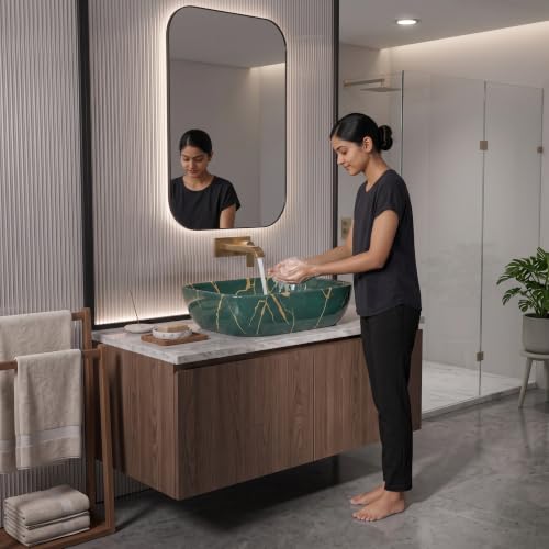 Image of Designer Ceramic Wash Basin For Bathroom | Over Counter Bathroom Basin | Counter Top Bathroom Sink | Wash Basin For Restaurant, Hotel (18 x13 x 5 Inch) (154)