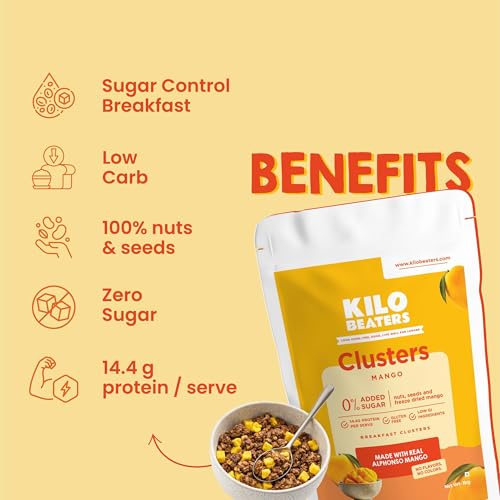 Image of Kilobeaters Mango Breakfast Clusters with Real Freeze-Dried Alphonso Mango | High Protein Granola | No Added Sugar | Gluten Free | Healthy Cereal for Breakfast & Snacking, 1Kg