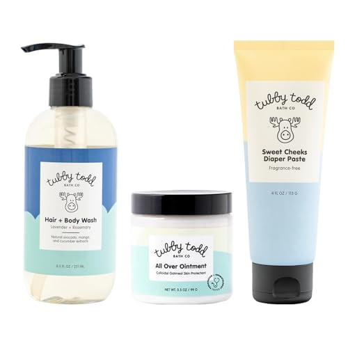 TUBBY TODD Baby Bundle Newborn Skin Care Set – Hypoallergenic Hair + Body Wash, All Over Ointment with Colloidal Oatmeal, Sweet Cheeks Diaper Paste – Lavender Rosemary, Standard Size