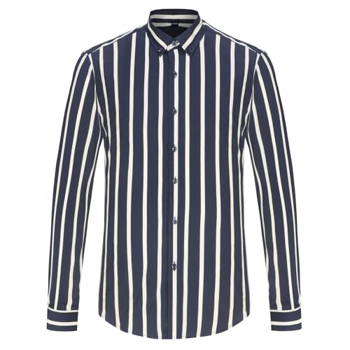 Men's Color Block Striped Long-Sleeve Button-Down Shirts, Spring Summer Comfort Vacation Casual Beach Shirt