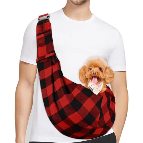 Lvjkes Tragetasche Hund,Faltbar Hunde Tragetasche,Einstellbar Hohe Kapazität Hundetragetasche,One-Shoulder,Cross-Body,Tragbar für den Außenbereich für kleine Katzen und Hunde (Rot-schwarz kariert)