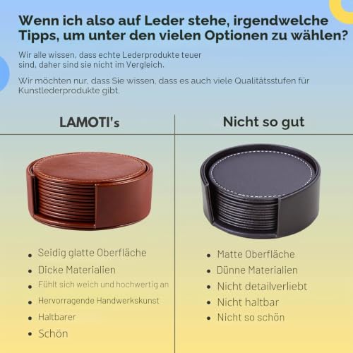 LAMOTI Leder-Untersetzer für Getränke, 10,2 cm, 6 Stück, mit Halterung für Tischschutz, handgefertigt… – Ansicht 3