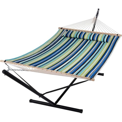 SUNCREAT Hammock with Stand 2 Person Heavy Duty, Freestanding Hammock with Spreader Bar, Soft Pillow, Green Stripes by SUNCREAT - Used condition - US$140.32