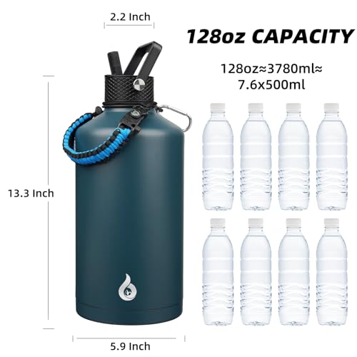 BJPKPK 1 Gallon Water Bottle with Straw Lid, 128oz Large, Stainless Steel Water Bottles with 3 Lids and Paracord Strap, Double Wall Vacuum Metal Jug, Navy Blue by BJPKPK - Image 4