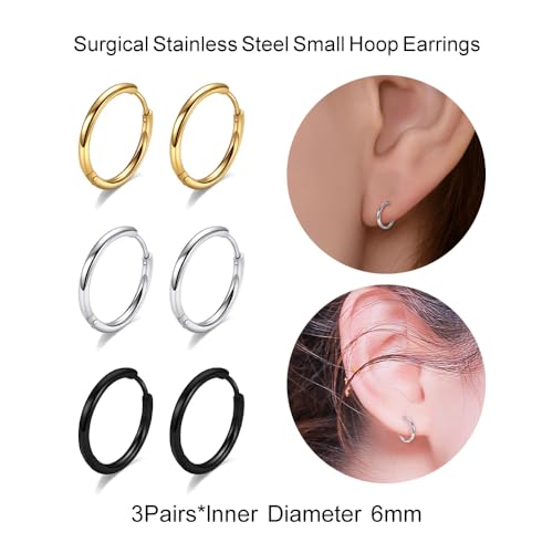 Image of Huggie Hoop Earrings for Women Men - 316L Surgical Stainless Steel 6mm 8mm 10mm Mens Ear Hugging Hoop Earrings for Cartilage Gold Black 20G 18G Hypoallergenic Second Hole Sleeper Hoop Earrings