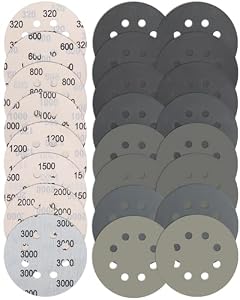 JatilEr 24 Pcs 125mm Sanding Discs, 8 Hole Wet and Dry Sanding Disc Grit 320/600/800/1000/1200/1500/... Hook and Loop Round Orbital Sander Discs Sandpaper for Polishing Wood, Metal, Jewelry, Car