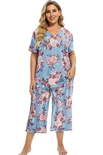 Image of Vozanet Women's V Neck Sexy Pajamas Capri Sets Mexican Style Floral Sleepwear 2PCS Totem Casual Nighty Plus Size M to 5XL