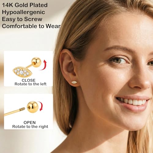 14K Gold Plated Stud Earrings for Women Trendy Hypoallergenic Cartilage Earring Helix Piercing Jewelry Flower Earrings for Multiple Piercing (Gold- Evil Eye stud earrings) by Zyzchwl - Used condition - Image 3