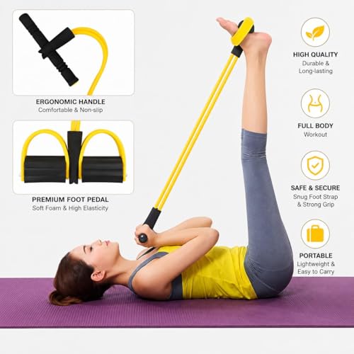 Image of Yoga Pedal Puller Resistance Band with Foot Pedals, 4 Tube Natural Rubber Band for Home Workout Full Body Exercise Equipment for Abs Arms Legs Stretching & Strength Training for Men Women(Multicolor)
