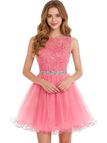 Image of Dydsz Women's Lace Applique Short Prom Dress A Line Tulle Homecoming Dresses Beaded Mini Graduation Party Dress