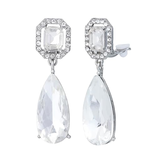 Women's Long Crystal Teardrop Clip On Drop Dangle Earrings(White)