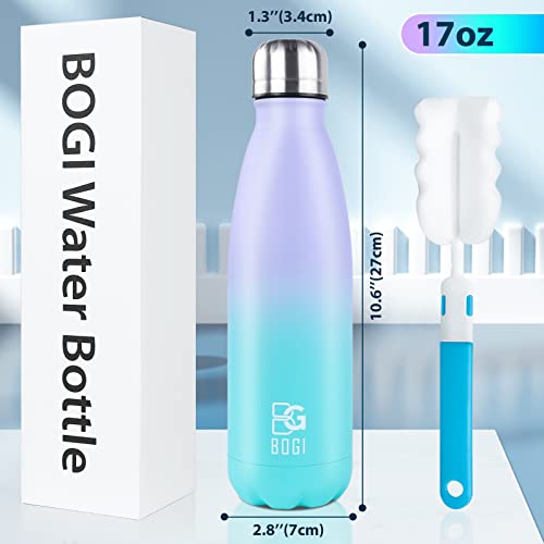 Bogi Insulated Water Bottle, 17Oz Stainless Steel Water Bottles, Leak Proof Sports Metal Water Bottles Keep Cold For 24 Hours And Hot For 12 Hours Bpa Free Kids Water Bottle For School (Purple Mint) #TOP1