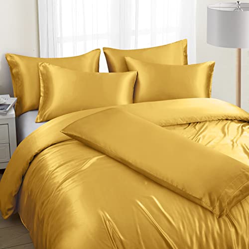 Image of Ersmak 6 Pieces Satin Duvet Cover Full /Queen Size Luxury Silky Bedding Duvet Cover Set with 1 Soft Duvet Cover, 4 Queen Pillowcases and 1 Body Pillowcase, Gold