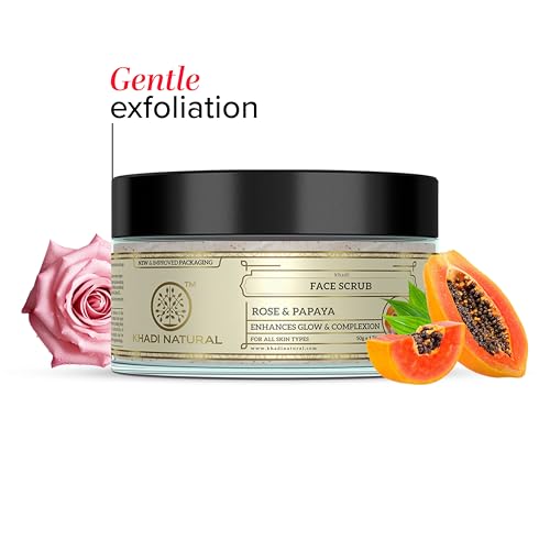 Khadi Natural Rose & Papaya Face Scrub | Ayurvedic Exfoliator for Blackhead Removal | Free from Harsh Chemicals | Suitable for All Skin Types | 50g