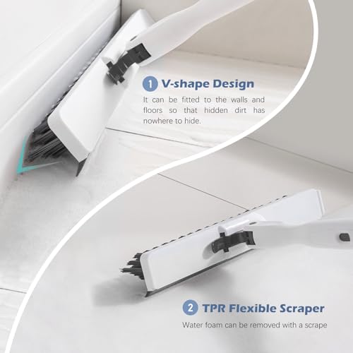 Image of SetSail 4-in-1 Tile Tub Floor Scrubber with 52-inch Long Adjustable Handle Shower Cleaner Brush with V-Shaped Grout Brush and 3 Replacement Brush Heads for Bathroom Kitchen Walls Tub Tile, White Grey