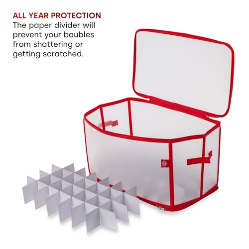 Christmas Village Christmas Tree Bauble and Decoration Storage Cube Bag Holder with Dividers for 112 Xmas Ornaments – Large Folding Holder with Separators, Zipped Lid and Handles (Red)