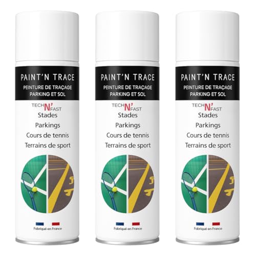 TECH'N'FAST PAINT'N TRACE : Peinture de traçage de lignes de parkings, terrains de sport et marquage de sécurité -Lot de 3 bombes peinture blanche de...