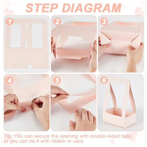 Ylapagne 5 Pieces Paper Flower Gift Bags, Pink Bouquet Flower Box with Handheld DIY Flower Arrangement Basket Flower Packaging Box for Valentine's Wedding Anniversary Party - Image 6