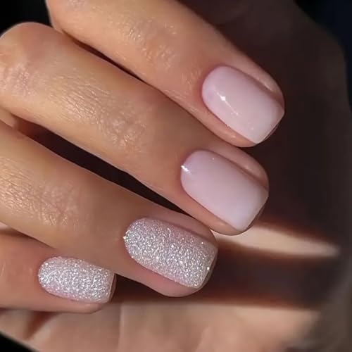 24Pcs Carrés Faux Ongles Court, Rose Pailleté Press on Nails, Naturel Français Ongles à Coller Couverture Complète Capsule Ongles, Ballerine Acrylique...