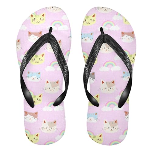Burbuja Cat Faces Pastel Rainbows Flip Flops for Women Men, Soft Thong Sandals Rubber Slippers for Pool Beach Essentials