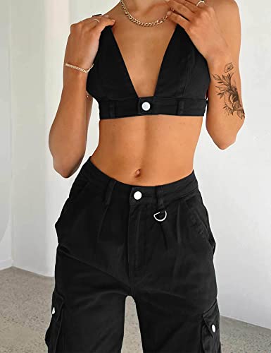 Theenkoln Women's Baggy Cargo Pants High Waist Wide Leg Trousers Boyfriend Y2K Pants Streetwear With Pockets Denim Jeans Black M #TOP2