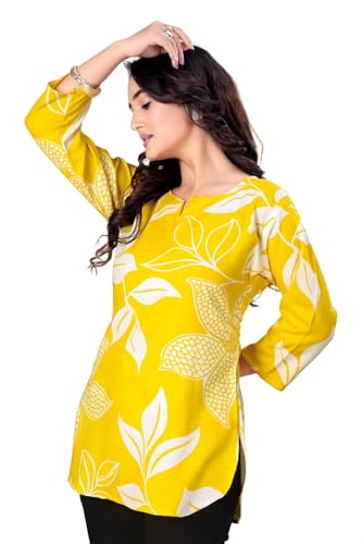 Image of Women's Cotton Printed Short Kurti, Round Neck, Three Quarter Sleeve, Straight Fit, Pack of 2