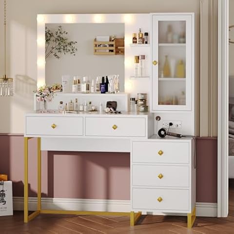 Tiptiper Makeup Vanity with Lights & Charging Station, Large Vanity Desk with Mirror and Lights, Makeup Table with 5 Drawers & Shelves, White and Gold Cover
