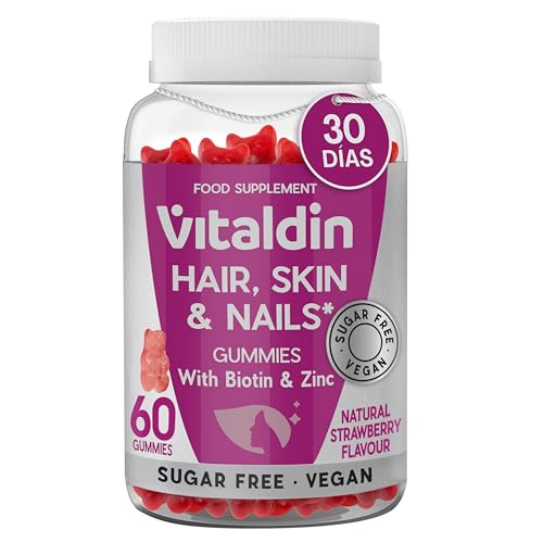 VITALDIN Gummies para Pelo, Piel y Uñas – Con 2500 μg de Biotina - Ayuda al Cuidado del Cabello – Con Zinc y Vitaminas C y E – Vegano – Sin Azúcar - Sin Gluten - 60 Gummies - 1 mes –Sabor Fresa
