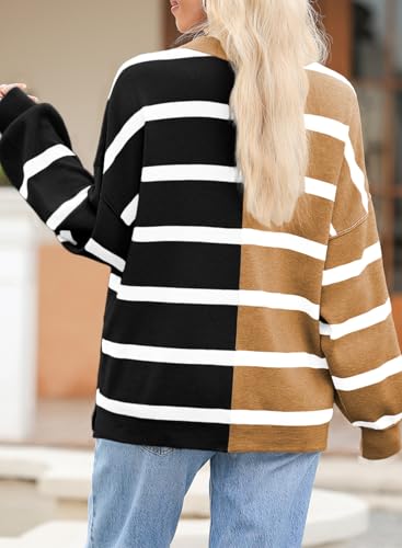 Image of EVALESS Womens Striped Sweaters Long Sleeve Cable Knitted Color Block Casual Loose Lightweight Oversized Sweaters Pullover