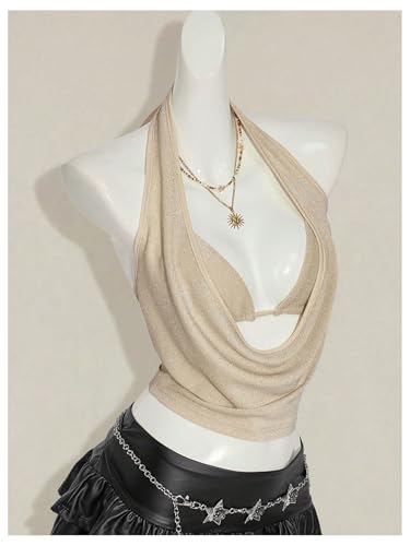SweatyRocks Women's Glitter Draped Halter Tops Low Cut Going Out Top with Micro Crop 2 Piece Outfits3