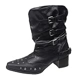 JSDWNDO Womens Western Rivet Buckle Mid Calf Boots...