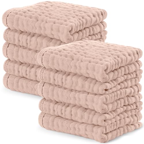 Image of Comfy Cubs Muslin Baby Washcloths 10 Pack - Soft 6-Layer Cotton Wash Cloths for Sensitive Skin - 10"x10" Large, Gentle, Absorbent Infant Essentials for Newborn and Toddlers - Blush