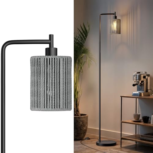 Image of Oneach 66 inch Black Floor Lamp for Living Room, Boho Floor Lamp with LED Bulb, Foot Switch, Gray Rattan Shade, Industrial Tall Farmhouse Standing Lamp for Bedroom, Dining Room, Study Room, Office