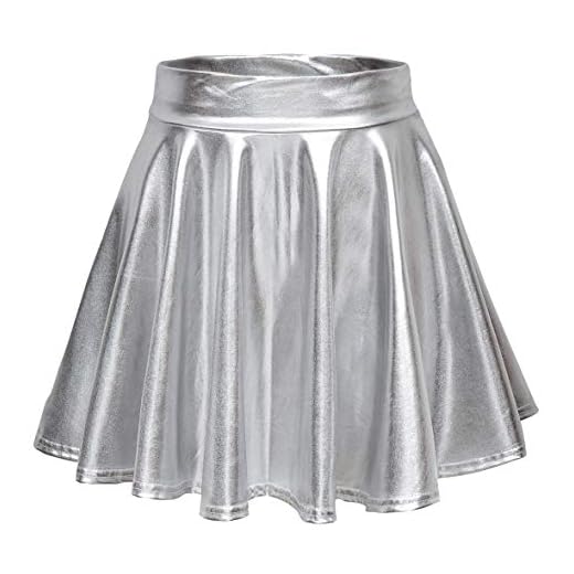 EXCHIC Mujer Falda Skater Acampanada Metálica Brillante (XL, Plata)