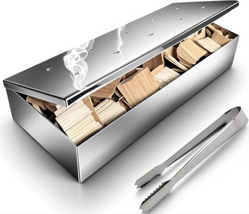 auisea Smoker Box for Gas Grill with Wood Chip Clip Thickened Stainless Steel Wood Chip Smoker Box with Hinged Lid No Side Holes for Longer Lasting Smoke Mirrored Finish Heavy Duty