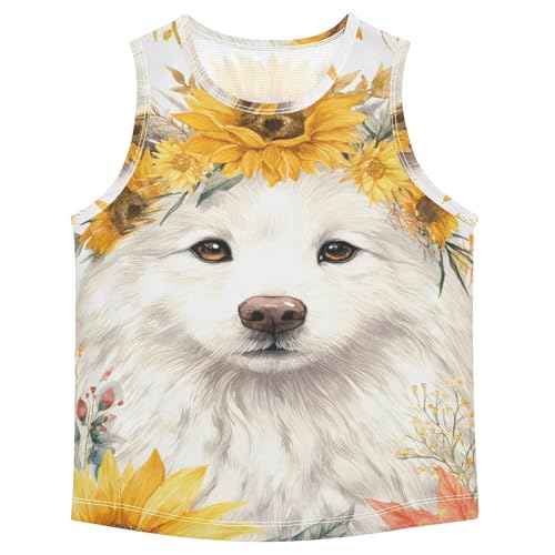 Boys' Tank Top Shirt Samoyed Dog Sunflower Autumn Leaves Sleeveless T-Shirts