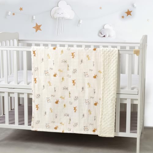 Image of CREVENT Organic Muslin Cotton Baby Blanket for Newborns, Soft Mink Backing, Essential for Baby Shower Birthday Gift - Animal 75X100cm
