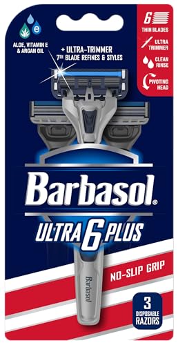Image of Barbasol Ultra 6 Plus Disposable Razor Value Pack (1 Pack /3 Total Razors) | Premium 6-Blade Disposable Razors, Close Shave technology, UltraTrimmer 7th Blade, Pivoting Head, Razor Bundle