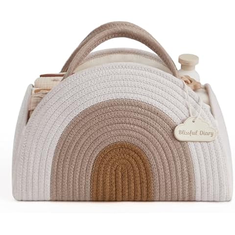 Blissful Diary Baby Diaper Caddy Organizer, Cotton Rope Diaper Caddy Basket, Large Baby Shower Caddy for Newborn Boys and Girls, Gift for Baby Shower List, Newborn Essentials Basket, Earthy Rainbow Cover