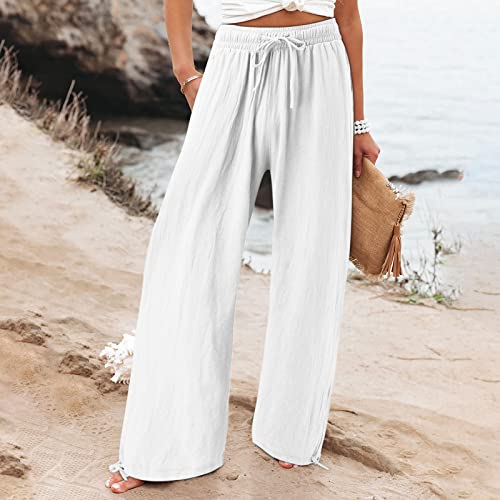 Generic Women Linen Palazzo Pants Summer Comfy Flowy Wide Leg High Waist Casual Loose Beach Lounge Pant Trouser2